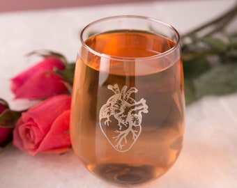 HEART (silver metallic print) Wine Glass - Valentines Gift - Stemless Wine Glass - Gift for Nurse - Anatomical Heart