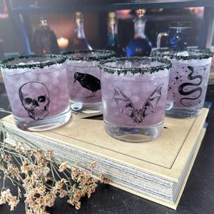 Halloween Set mit 4 Gläsern: Schädel, Krähe, Fledermaus, Schlange - Gruseliges Geburtstagsgeschenk - Makaberes Geschenk - Halloween Geschenk