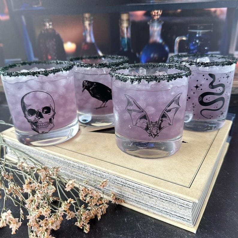 Grim Rocks Whiskey Glasses, Skull, Bat, Crow, Snake - goth cocktail glasses