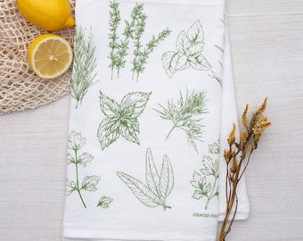 Herbs Flour Sack Tea Towel | Botanical Kitchen Dish Towel | Garden Herb Lover Gift | Housewarming Hostess Gift | Cottagecore Kitchen