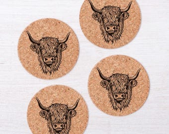 Posavasos con diseño de vaca de las Tierras Altas: Decoración de cocina rústica - Juego de 4