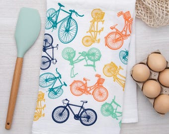 Bicycles Flour Sack Tea Towel | Bike Kitchen Dish Towel | Hand-Drawn Cotton | Cycling Gift | Housewarming Hostess Gift | Bicycle Decor