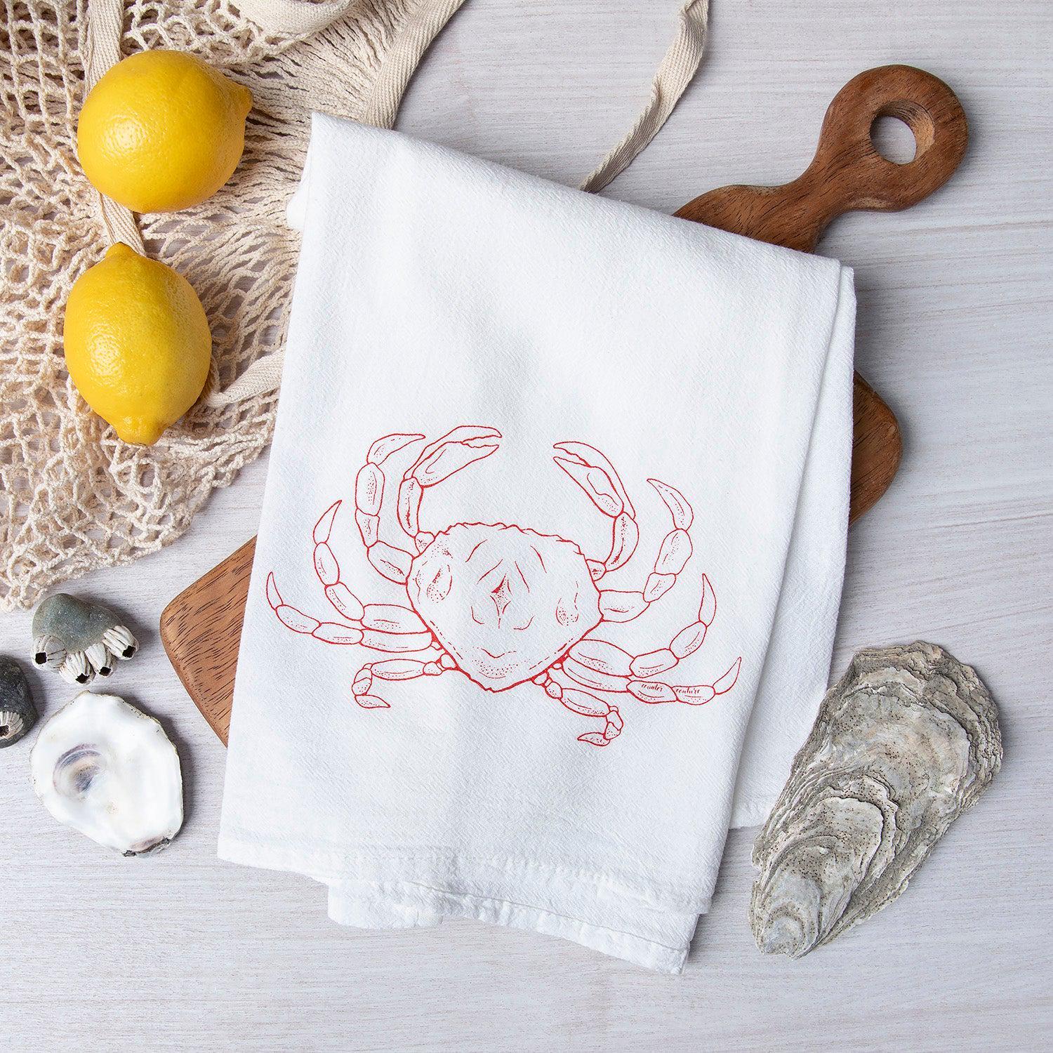 Dungeness Crab Flour Sack Towel - Eco-Friendly and Hand-Drawn - Beach Home Decor - Sea Life - Shellfish - Crab Decor - Seafood Lover