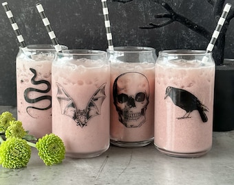 Grim Halloween Can Glasses: Spooky Skull, Bat, Crow, Snake - Set of 4