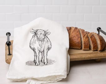 Toalla de saco de harina de vaca: decoración de cocina de algodón ecológico, dibujada a mano