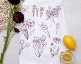 Floral Flour Sack Tea Towel | Hand-Drawn Flower Kitchen Dish Towel | Hand Illustrated Cotton | Housewarming Hostess Gift | Botanical Decor