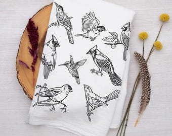 Backyard Birds Flour Sack Tea Towel | Bird Lover Kitchen Dish Towel | Nature Kitchen Decor | Housewarming Hostess Gift | Cottagecore Kitchen