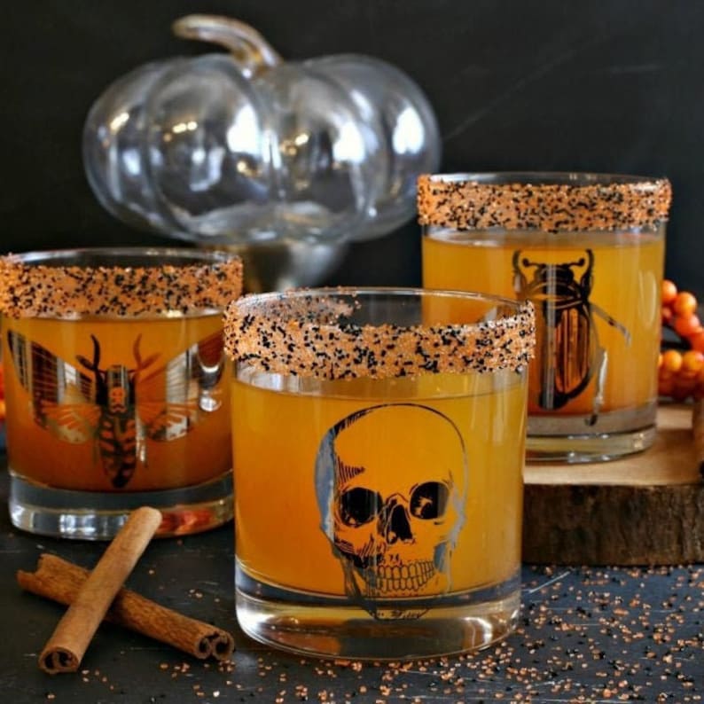 Halloween Glasses Macabre 11oz. Glass Set Anatomical Heart Halloween Skull Scarab Beetle Death Head Moth Metallic Foil Goth image 2