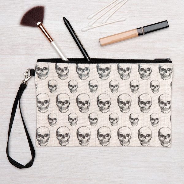 SALE! Slightly Irregular Skull Linen Makeup - Zipper Pouch - Pencil Bag - Zipper Pouch - Cosmetic Bag - Coin Purse - Skeleton Zip Pouch