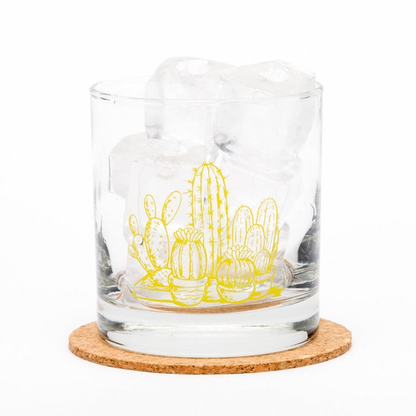 SALE! Slightly Irregular CACTUS Whiskey Glass - Barware - Drinking Glass - Screen Printed Glassware -  - Succulent - Cacti