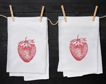 Strawberry Flour Sack Tea Towel | Cottagecore Kitchen Dish Towel | Strawberry Lover Gift | Housewarming Hostess Gift | Fruit Kitchen Decor