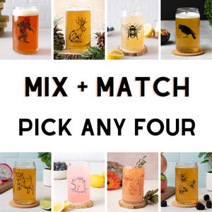 Mix and Match Beer Can Glasses Set of 4 – 16 oz Can Shaped Glassware, Original Prints – Custom Drinkware Gift – Housewarming or Wedding Gift