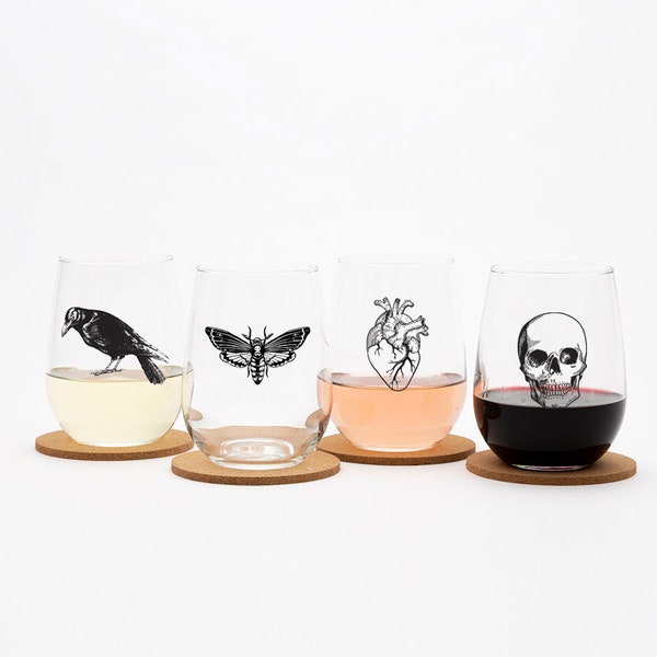 NEVERMORE Set of 4 Wine Glasses - HALLOWEEN - Wine Glass - Skull - Heart - Moth - Crow