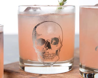 SKULL Rocks Glass (silver metallic print) - Cocktail - Highball - Tumbler -Barware - Whiskey - Human Skull - Anatomical Skull
