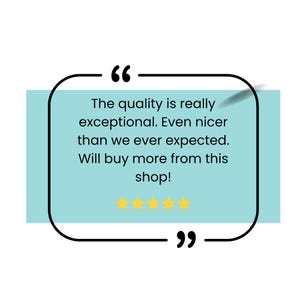 a quote with a rating system, stating that the quality is really exceptional, even better than expected, and that customers will buy more from this shop.