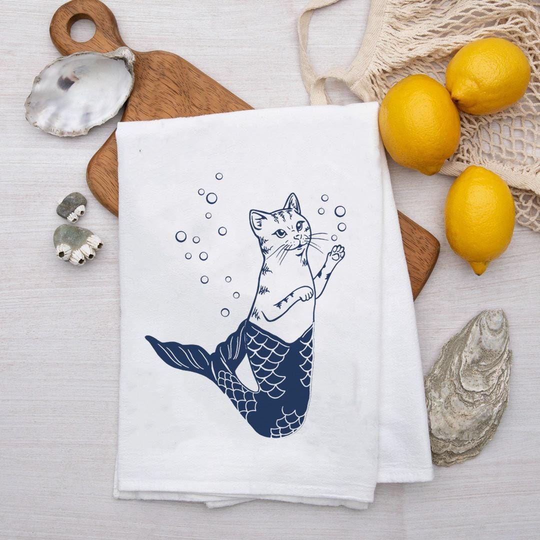 Purrmaid Flour Sack Tea Towel - Mercat Kitchen Towel - Mermaid Cat Tea Towel - Funny Housewarming Gift