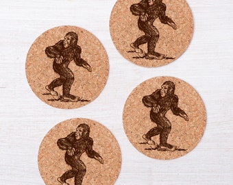Bigfoot Cork Coaster - Hand-Printed - Set of 4
