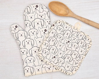 Dog Print Oven Mitt and Potholder Set - Kitchen Decor, Housewarming Gift