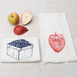 Blueberry And Strawberry Tea Towel Set - Eco-Friendly Cotton, Hand-Drawn, Set of 2 Fruit Towels
