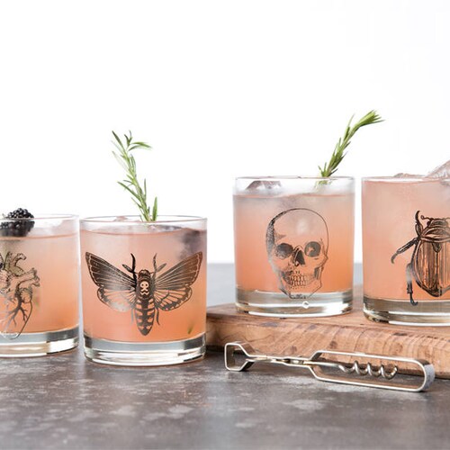 Halloween Glasses - Macabre 11oz. Glass Set - Anatomical Heart - Halloween - Skull - Scarab Beetle - Death Head Moth - Metallic Foil - Goth