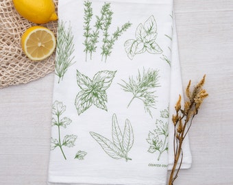 Herb Flour Sack Tea Towel - Botanical Flour Sack Towel - Cotton Kitchen - Floral Cottagecore Kitchen Hostess Gift