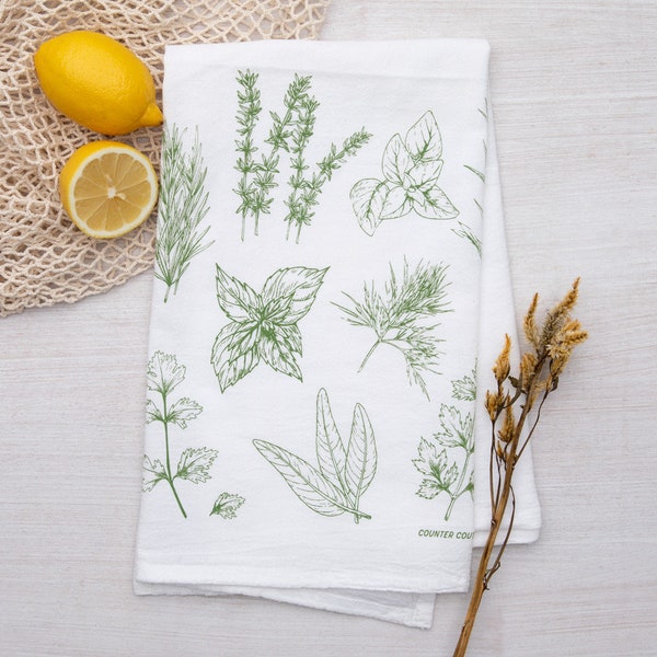 Herb Flour Sack Tea Towel - Botanical Flour Sack Towel - Cotton Kitchen - Floral Cottagecore Kitchen Hostess Gift