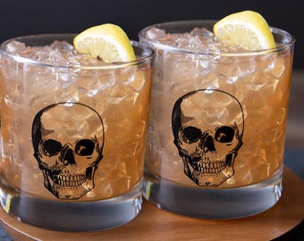 Skull Whiskey Glass: Black Macabre Barware - 11oz Rocks Glass