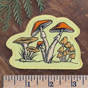 Op de afbeelding: Geborduurde patch met een cluster van paddenstoelen in tinten oranje, bruin en beige, tegen een lichtgroene achtergrond. De patch heeft een gele rand en is ongeveer 7.6 cm breed.
