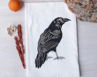Rabe Mehlsack Geschirrtuch | Vogel Geschirrtuch | Handgezeichnete Baumwolle | Natur-Liebhaber-Geschenk | Housewarming Hostessen Geschenk | Gothic Wohndekor