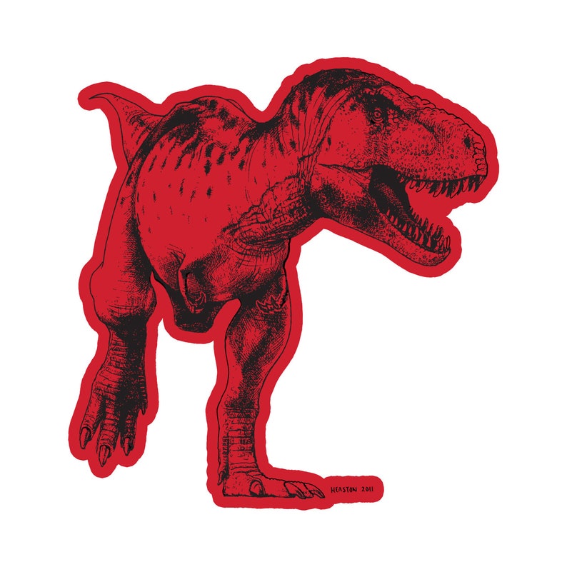 May include: Red silhouette of a Tyrannosaurus Rex dinosaur with black line art details. The dinosaur is standing on its hind legs with its mouth open and its head tilted to the side. The image is signed "Heaston 2001" in the lower right corner.