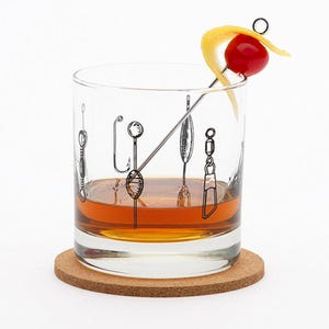 Fishing Lure Whiskey Glass | 11oz Screen Printed Rocks Glass | Fisherman Gift for Him, Dad & Grandpa, Bourbon Barware Tumbler