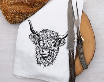 Highland Cow Flour Sack Tea Towel | 100% Cotton Screen Printed Kitchen Towel