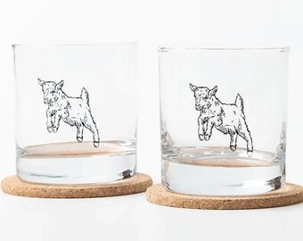 Baby Goat Whiskey Glass | Screen Printed Rocks Glass | Farmhouse Barware Gift for Goat Lover, Funny Farm Animal Bourbon Glass