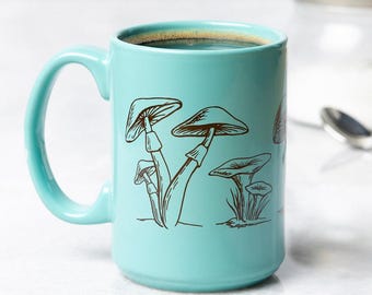 Mushroom Coffee Mug | Aqua Ceramic Toadstool Cup | Cottagecore Gift | 15 oz Nature Mug