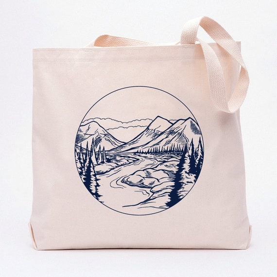 Mountain Canvas Tote Bag Screen Printed Cotton Grocery Bag Large