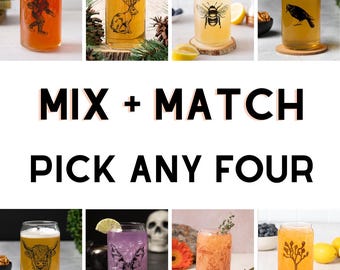 Mix and Match Bierdosengläser | Set mit 4 Siebdruckgläsern