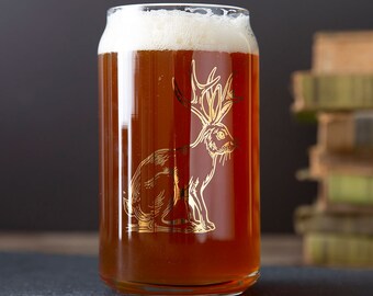 SALE! Discontinued Jackalope Can Glass with Gold Metallic Print - Beer Glass - Barware -  Drinking Glass - Screen Printed Glassware - Pint