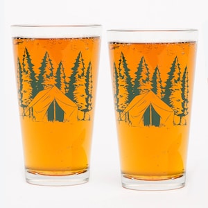 Camping Pint Glass: Hand-Drawn Nature Beer Mug - 16oz