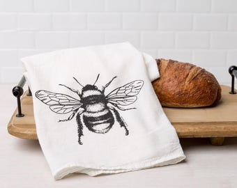 Bee Flour Sack Kitchen Towel, Eco-Friendly 100% Cotton, Hand-Drawn Design, Bee Gift, Bee Lover, Bumblebee Home Decor