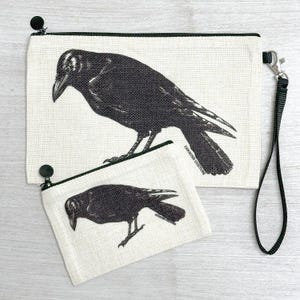 Linen Crow Zipper Pouch: Bird Print Cosmetic Bag, Pencil Case