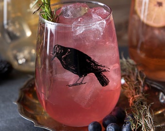 Crow Stemless Wine Glass - Wine Glass Set - Cocktail Glass - Raven Wine Glass  - Bird - Barware -