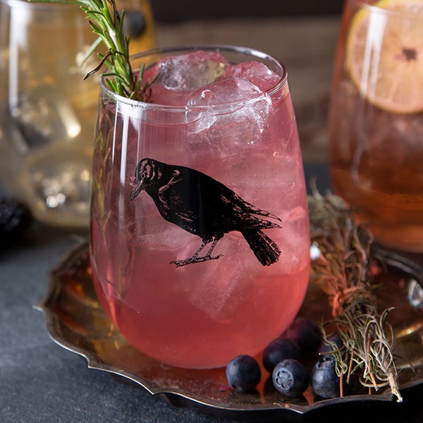 Crow Stemless Wine Glass - Wine Glass Set - Cocktail Glass - Raven Wine Glass  - Bird - Barware -
