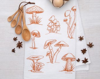 Mushroom Flour Sack Tea Towel | Cottagecore Kitchen Dish Towel | Mushroom Lover Gift | Housewarming Hostess Gift | Botanical Kitchen Decor