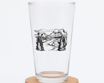 SALE! Slightly Irregular MOUNTAINS Pint Glass - Mountain Lovers Beer Glass - Barware - Forest Glasses - Mountain Scene Screen Printed Glass