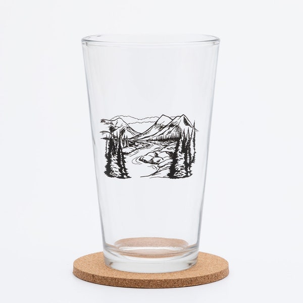 Slightly Imperfect Mountains Pint Glass - Mountain Lovers Beer Glass - Barware - Forest Glasses - Mountain Scene Screen Printed Glass