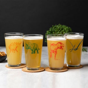 Dinosaur Beer Glass Set of 4 - Dinos - Beer Glasses - Jurassic Pint Glasses - T-Rex Beer Pint