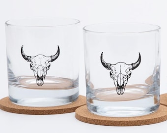 Vaso de whisky con calavera de búfalo: decoración de bar estilo western, vaso rocks de 325 ml
