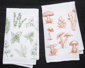 MUSHROOM & HERB Set of 2 Towels - Tea - Kitchen - Dishcloth - Cook - Chef -Housewarming - Garden - Spring