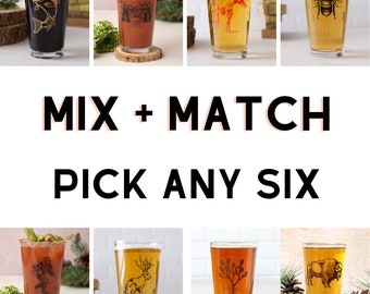 Mix or Match Pint Glasses - Beer Glasses Set of 6 - Gifts for Men