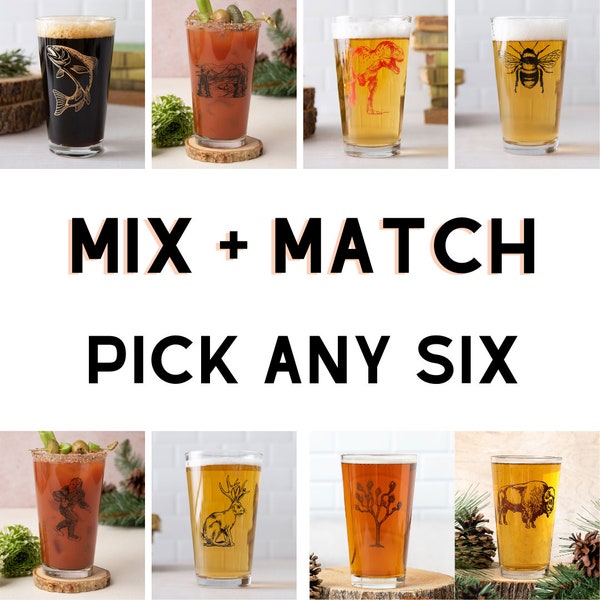 MIX &MATCH Set of 6 Pint Glasses - Beer Glasses Set of 6 - Gifts for Men
